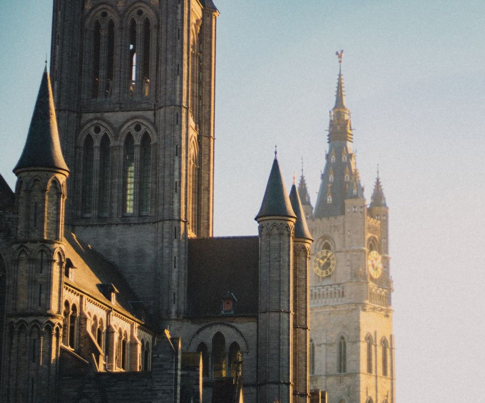 Cathedral, bell tower and clock in East Flanders, Belgium